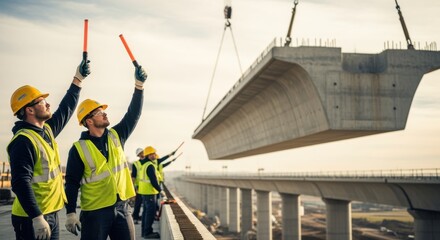 Workers in safety gear signaling as a massive viaduct segment is hoisted smoothly into position along a future highspeed rail corridor.