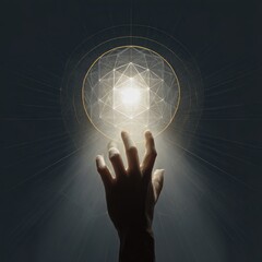 glowing hand reaching toward a geometric orb of pure knowledge