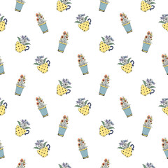 Colorful drawing trendy seamless pattern. Abstract houseplants flowerpot wrapper. Botanical repeat print flower house indoor blooming plants