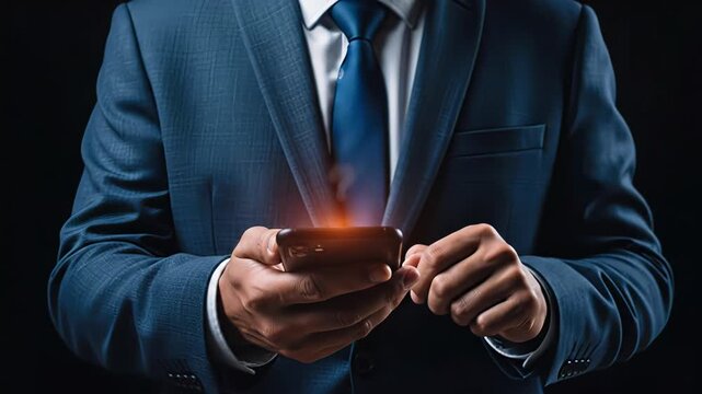 Hombre de negocios con traje azul usando un tel&eacute;fono inteligente, con un signo de interrogaci&oacute;n brillante flotando sobre la pantalla, simbolizando preguntas, dudas, soporte t&eacute;cnico, b&uacute;squeda de inform