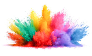 Colorful powder explosion isolated on a white background, a colorful dust splash in the air, a rainbow color palette.