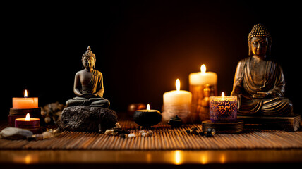 Buddha figures meditating with lit candles in a peaceful atmosphere, promoting relaxation and spirituality