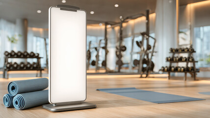 Blank interactive kiosk showing fitness program in modern gym with yoga mat