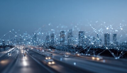 City highway at night, overlaid with a network of interconnected points and lines, suggesting connectivity and technology