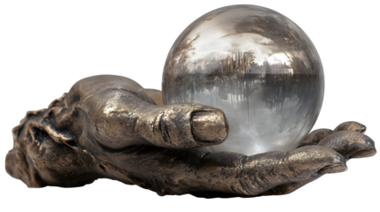 Crystal ball in sculpted hand, isolated on transparent background