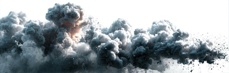 Dense, billowing smoke clouds against a white background