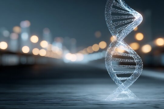 Glowing dna chain stands on surface with city lights blurred in background