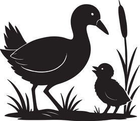 A peaceful black silhouette of a mother peahen sitting on a nest, covering her chicks with her wings. Minimalist vector design suitable for nature, wildlife, and family-themed stock illustrations.