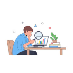 Man at a desk using a magnifying glass to analyze a colorful bar chart on a laptop screen.