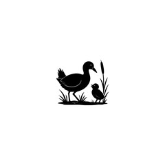 A peaceful black silhouette of a mother peahen sitting on a nest, covering her chicks with her wings. Minimalist vector design suitable for nature, wildlife, and family-themed stock illustrations.