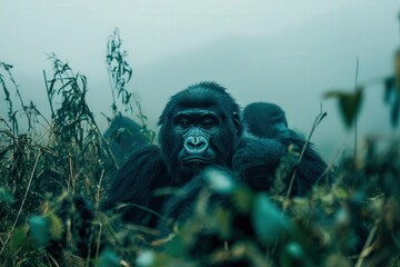 Gorilla family in misty Rwandan mountains soft focus on expressive eyes