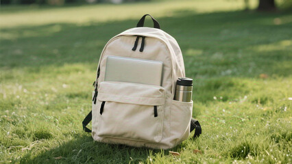 Beige Backpack with Laptop and Water Bottle on Grass