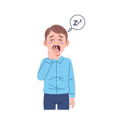 Young man with tired eyes yawning widely covering mouth with hand.