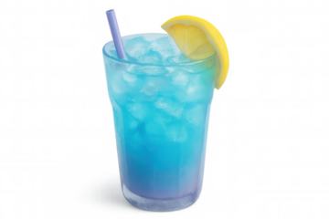 Vibrant blue cocktail with ice cubes, a lemon slice, and purple straw, isolated on a transparent background, perfect for summer advertising