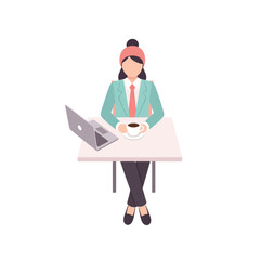 Businesswoman with Coffee and Laptop at Desk Wearing Pink Hat.