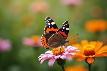 Obraz premium Close-up Capture of a Stunning Butterfly on a Fragile Flower with a Dreamy Garden Background.