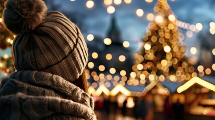 Obraz premium Festive holiday market filled with lights, cheerful visitors, and seasonal decorations in a winter wonderland