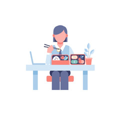 Obraz premium Flat design illustration of a person eating a bento box lunch with chopsticks at a desk laptop and plant present.