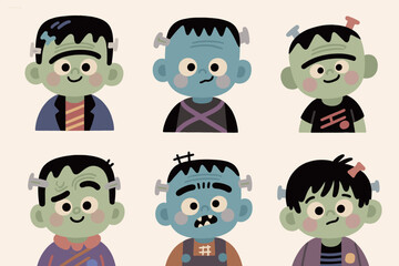 Nine cute busts of Frankenstein. Happy Halloween