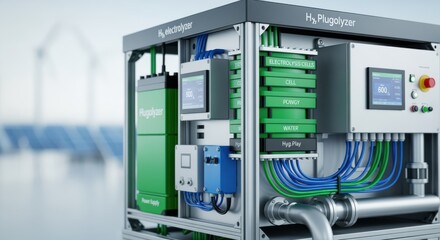 Fototapeta premium Technological overview of green hydrogen electrolyser skid showcasing modular design easy scalability and longterm sustainability in ecofriendly fuel production.