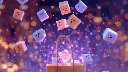 Glowing Halloween bucket with floating ghost cubes. Spooky and cute decoration for fall holiday. Magical purple bokeh background. Fun party prop for October celebration.