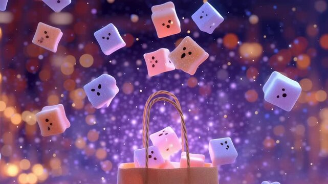 Glowing Halloween bucket with floating ghost cubes. Spooky and cute decoration for fall holiday. Magical purple bokeh background. Fun party prop for October celebration.