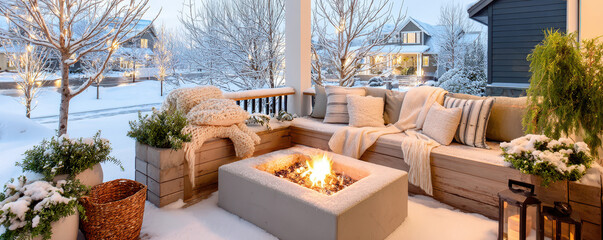 Cozy outdoor winter lounge with a fire pit, soft blankets, and snow-covered surroundings creating a warm atmosphere