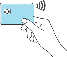 Obraz premium Contactless Payment with Light Blue Card Holding in Hand on Transparent Background