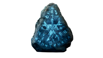 Runestone with glowing runes, isolated on transparent background