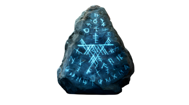 Runestone with glowing runes, isolated on transparent background