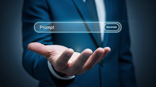 Businessman holding virtual floating search bar with prompt and generate buttons, representing AI content creation interface. Concept of artificial intelligence, digital innovation and prompt engineer