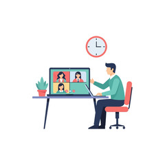 Man in teal shirt conducts a video conference with three colleagues on his laptop.