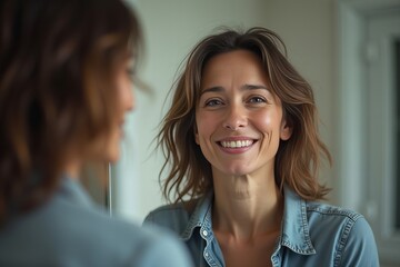 Obraz premium Internal Battle: Woman's Conflicting Emotions Revealed in Mirror, Symbolizing Mental Health Struggles