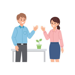 Cartoon Man and Woman Waving Hands Smiling Business Attire.