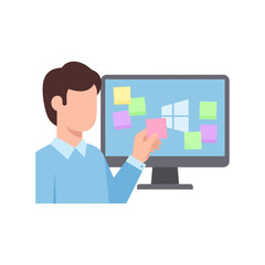 Faceless man in a blue shirt placing a colorful sticky note on a computer monitor screen.