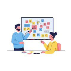 Collaborative Teamwork: Man and Woman Brainstorming on a Whiteboard with Colorful Sticky Notes and Charts.