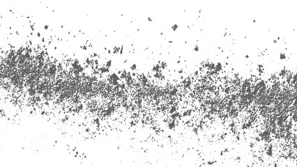 Dark grainy distressed texture on white background with dust particles. Black distressed texture on white surface with grain noise details 