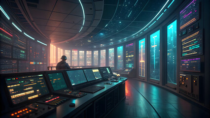 futuristic control room glowing data screen