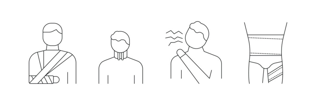 Arm sling, cervical collar, shoulder pain, hip support icon vector illustration set for orthopedic injury and recovery concept.