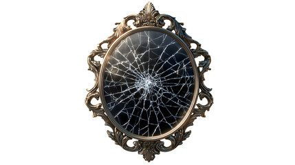 Cracked ornate mirror, isolated on transparent background