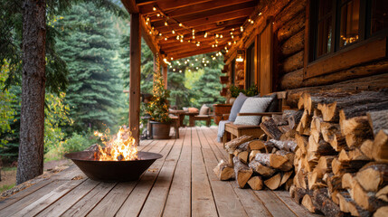 Cozy log cabin porch with a fire pit and stacked firewood, surrounded by trees, elegantly decorated with string lights