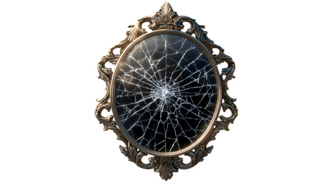 Cracked ornate mirror, isolated on transparent background