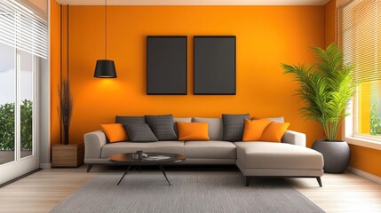 Modern orange living room featuring a sectional couch.
