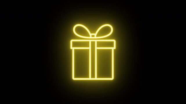 Neon gift icon animation, color flicker. Glowing neon gift box icon, looped color blink animation. Festive present, birthday gift, surprise, bonus prize, giveaway reward. 4 colors