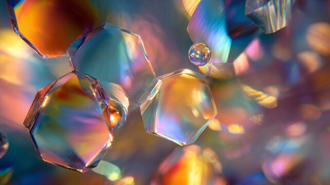 Mesmerizing display of colorful light refracted through geometric glass shapes creates vibrant and dreamy atmosphere. spectrum of colors adds magical touch