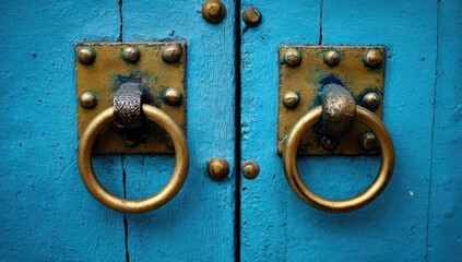 Antique brass door handles on a vibrant teal wooden door