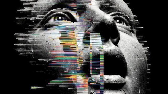 Distorted face with glitch effect. Digital art of human features disrupted by colorful static. Cyberpunk aesthetic for sci-fi concept, technology malfunction visual