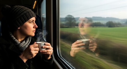 Contemplative Woman in Winter Attire Sips Steaming Drink, Gazing Out Train Window at Blurred Green Landscape Reflection During Journey
