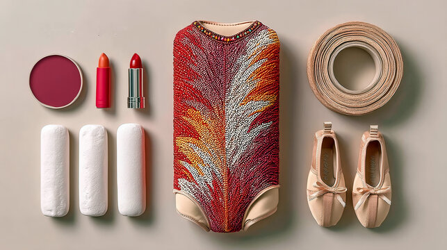 A collection of items including a red and white outfit, a pair of red shoes, and a red and white makeup kit - Powered by Adobe
