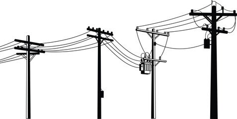 Silhouette of high voltage power lines, utility poles, electrical infrastructure, urban skyline, black and white vector, energy transmission, industrial electricity distribution design